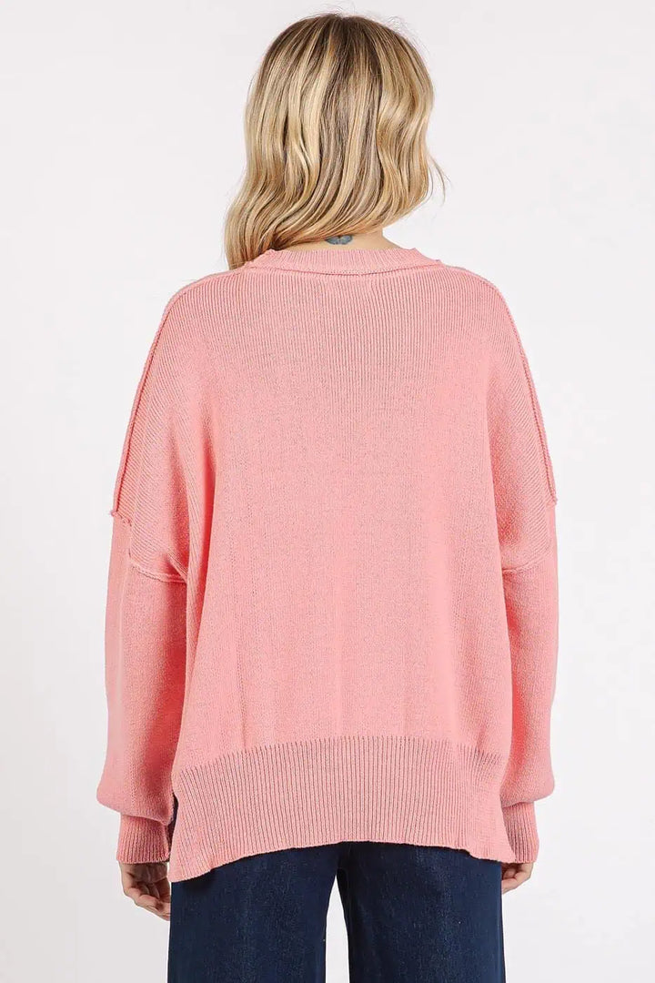 Side Slit Round Neck Drop Shoulder Sweater Sweaters