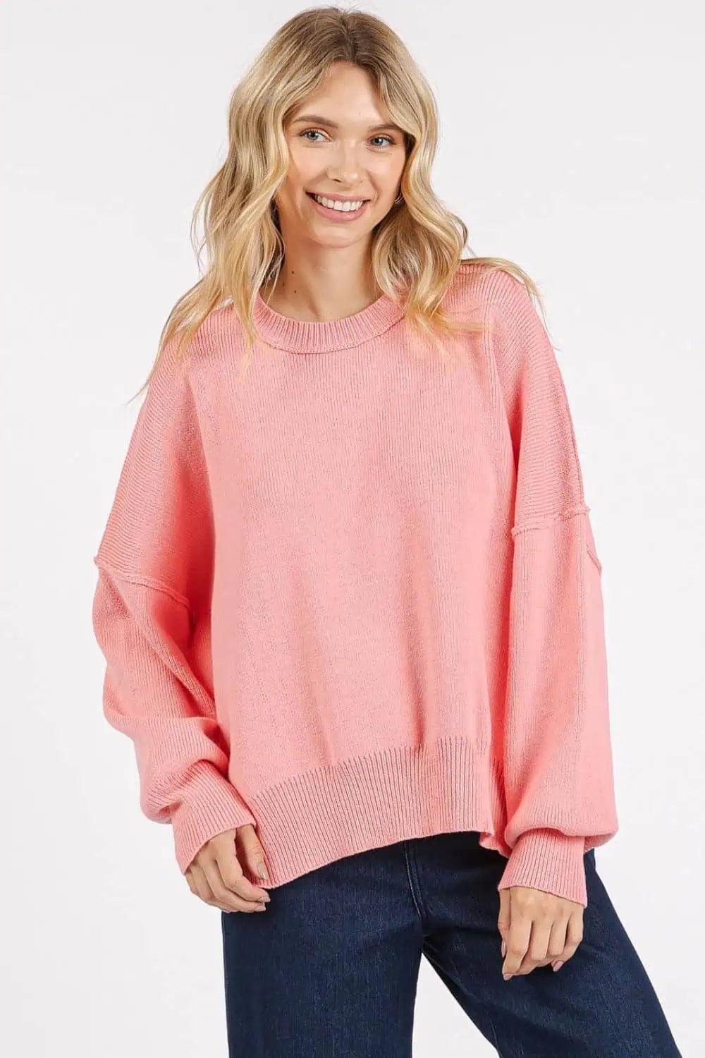 Side Slit Round Neck Drop Shoulder Sweater Sweaters