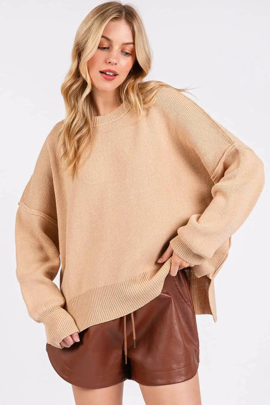 Tan Side Slit Round Neck Drop Shoulder Sweater Sweaters