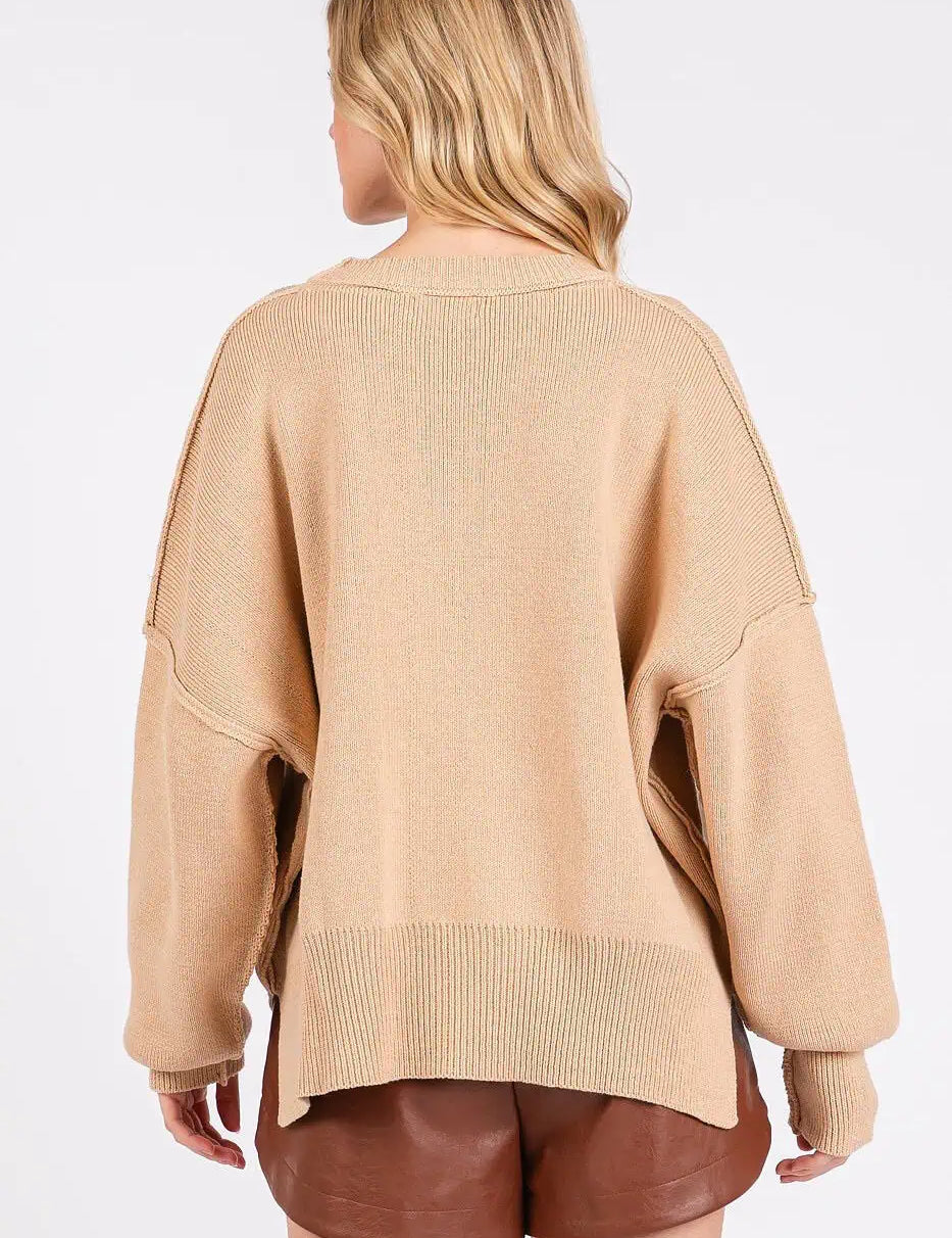 Tan Side Slit Round Neck Drop Shoulder Sweater Sweaters