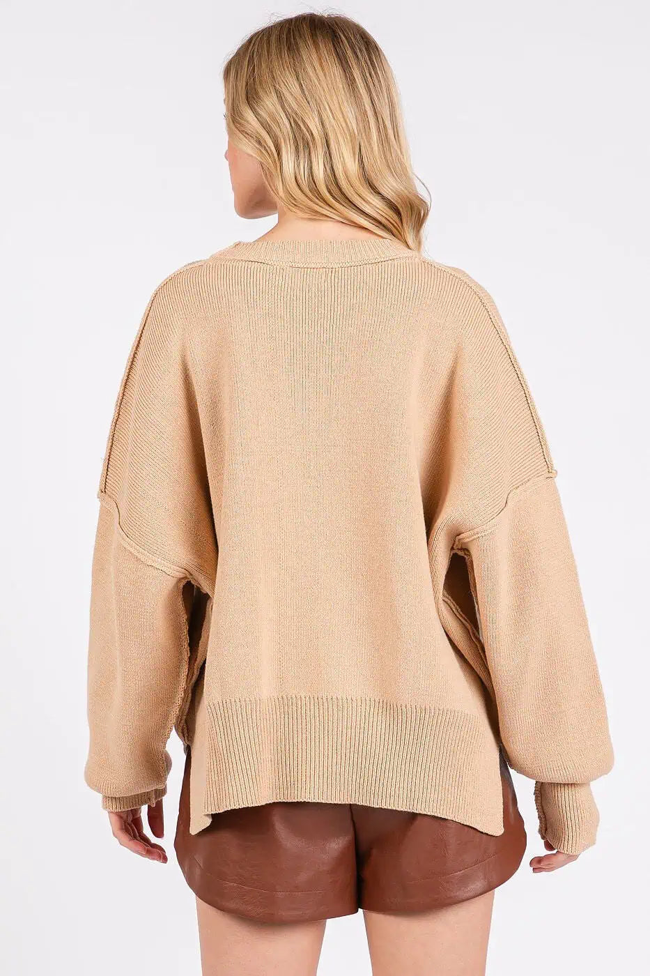 Tan Side Slit Round Neck Drop Shoulder Sweater Sweaters