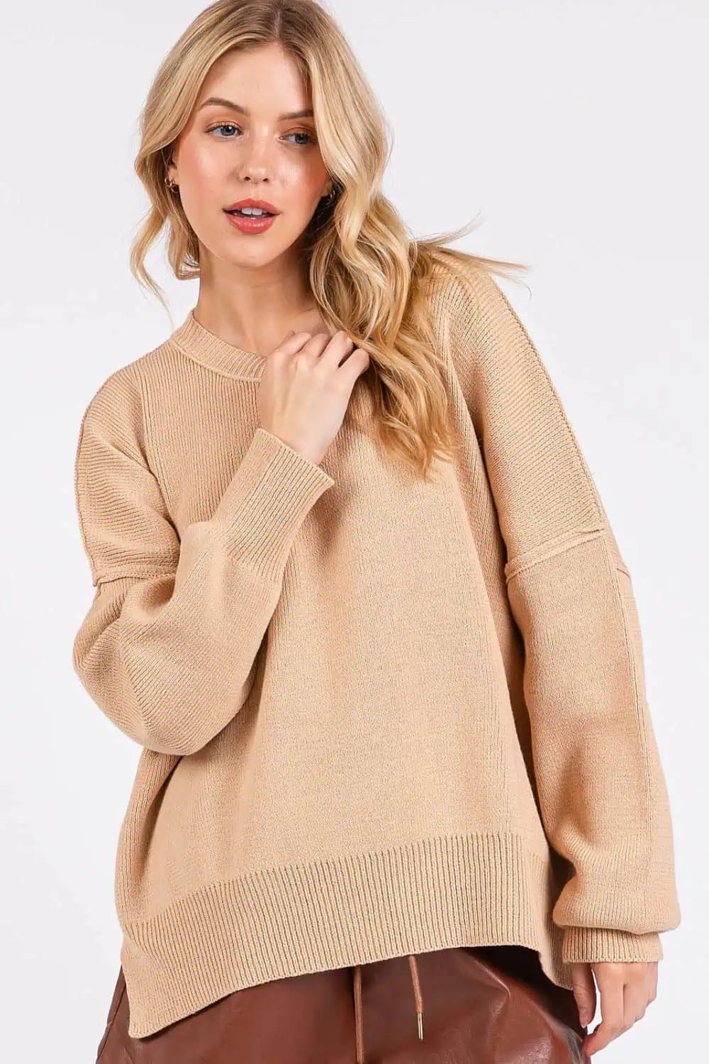 Tan Side Slit Round Neck Drop Shoulder Sweater Sweaters