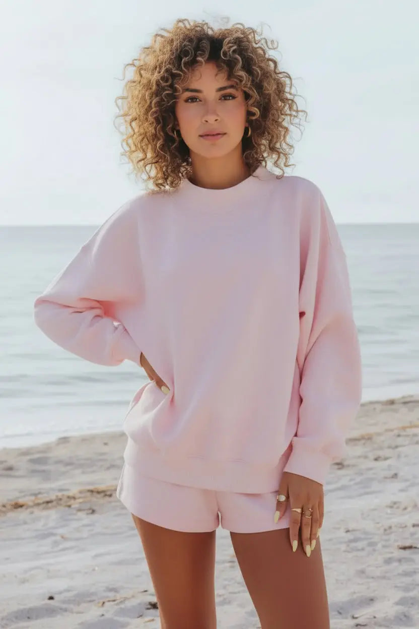 Soft pink oversized relaxed fit round neck sweatshirt and shorts set