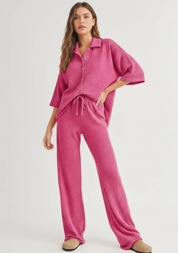 Solid Color Textured Buttoned Shirt and Casual Pants Set