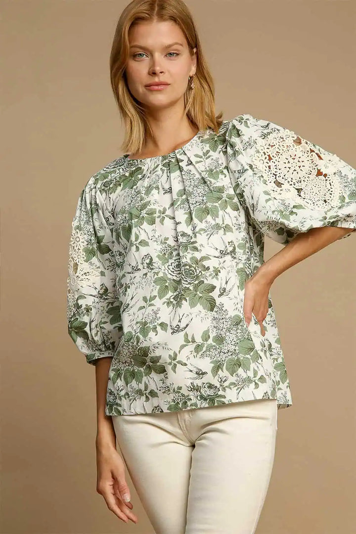 Floral Pleated Detail Lace Trim Sleeve Blouse Tops