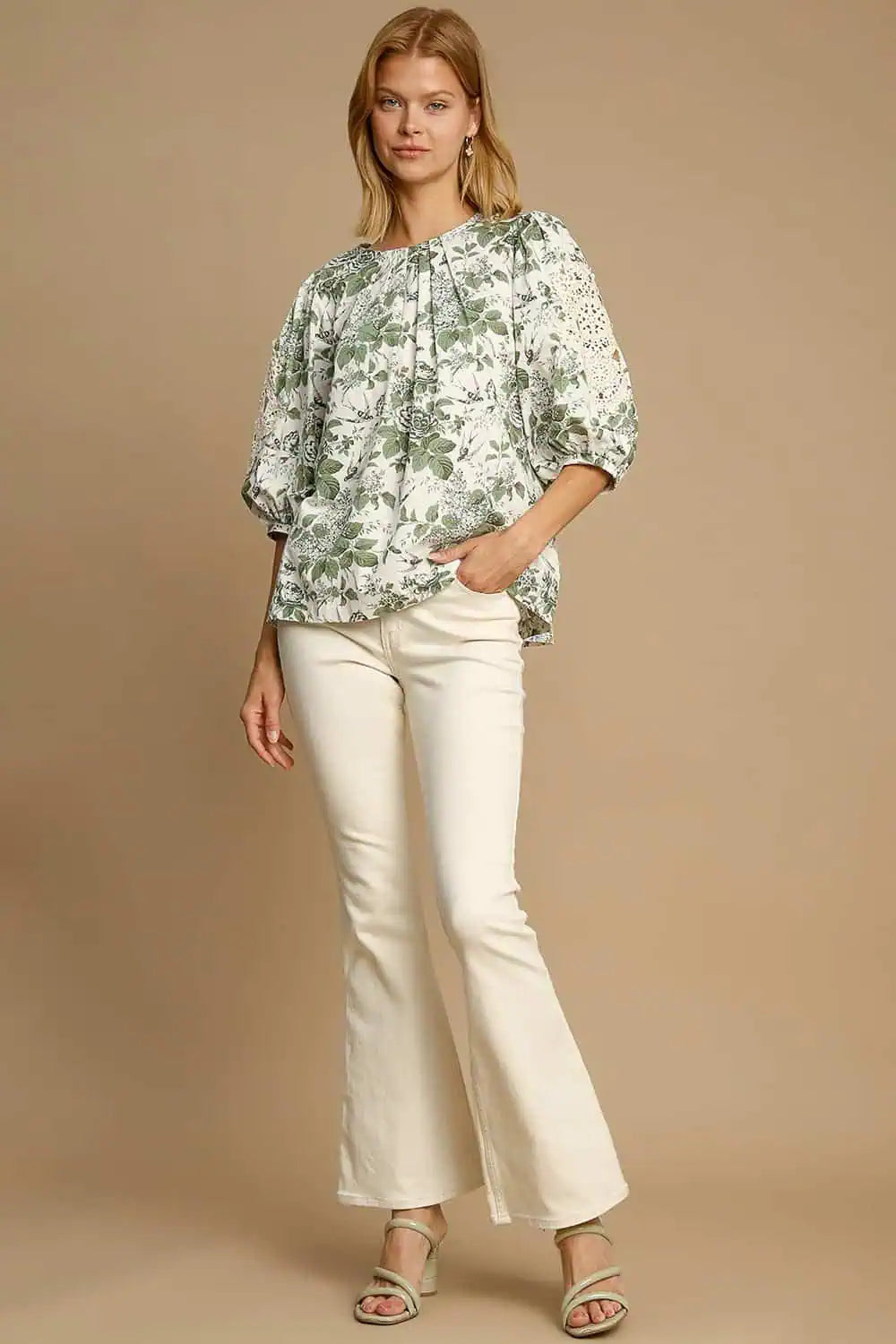 Floral Pleated Detail Lace Trim Sleeve Blouse Tops