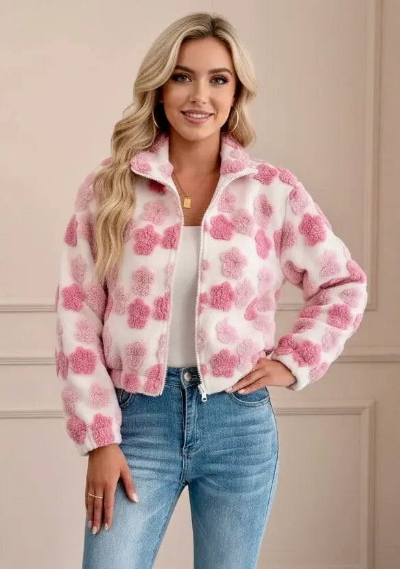 Cozy pink floral patches fuzzy fleece zip-up jacket with plush texture