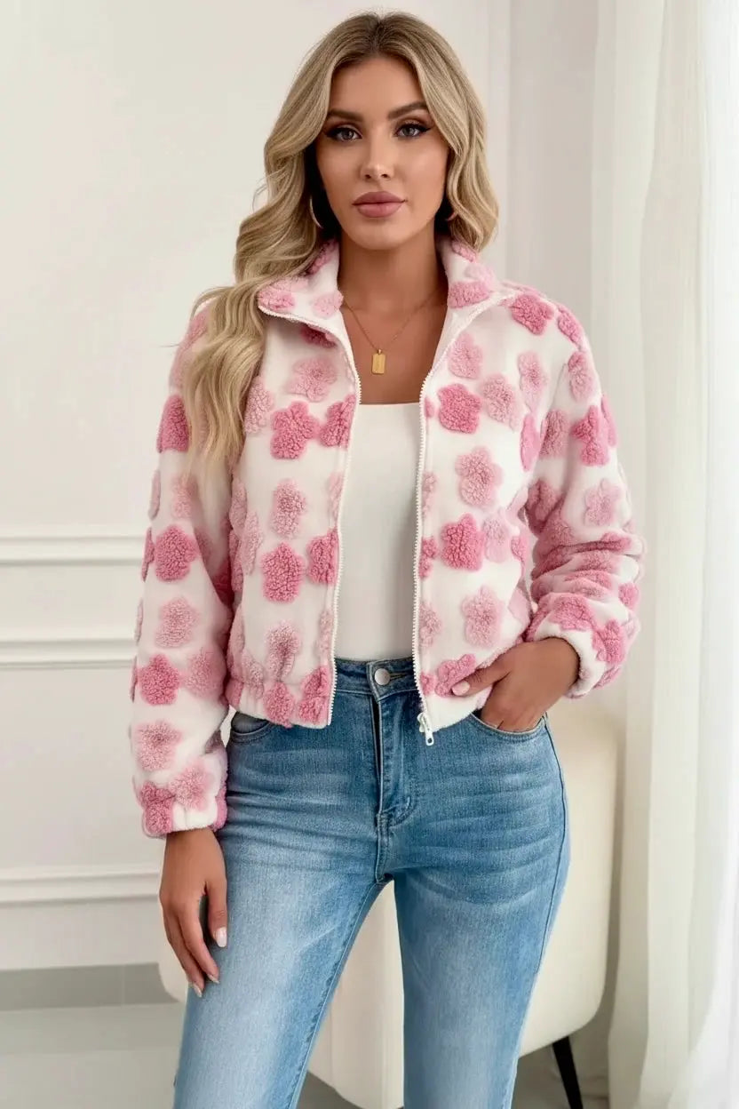 Pink floral patches fuzzy fleece zip-up jacket with plush texture