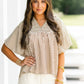 Daverri beige and brown striped V-neck puff sleeve blouse
