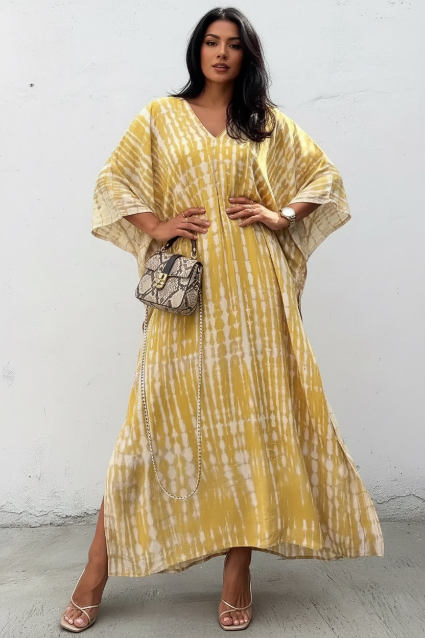 Flowing yellow and cream tie-dye V-neck maxi kaftan dress with loose sleeves