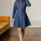 Classic blue denim shirt collar long sleeve flared mini dress