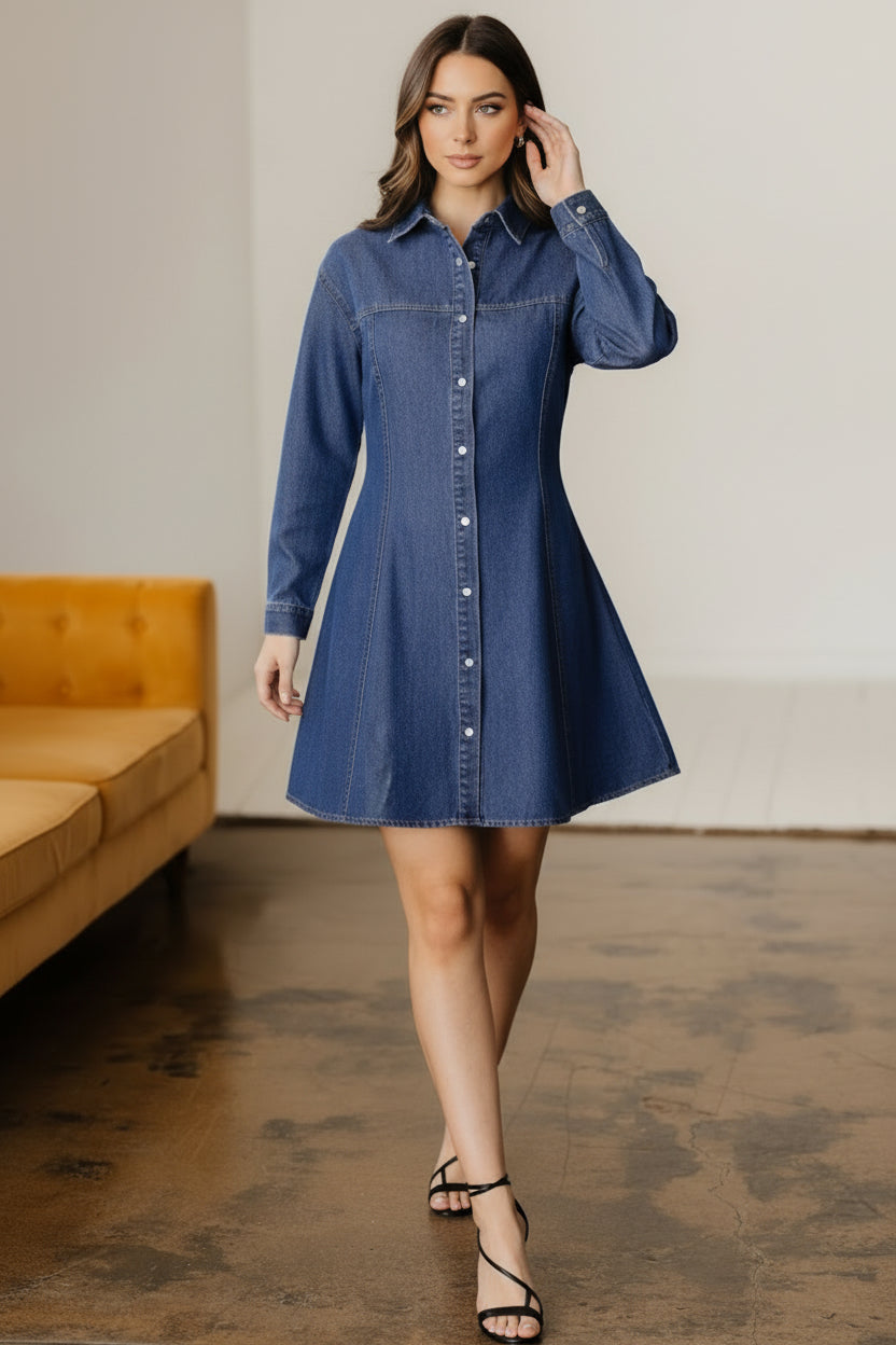 Classic blue denim shirt collar long sleeve flared mini dress