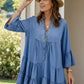 Blue notched flare sleeve denim dress with V-neck and three-quarter sleeves
