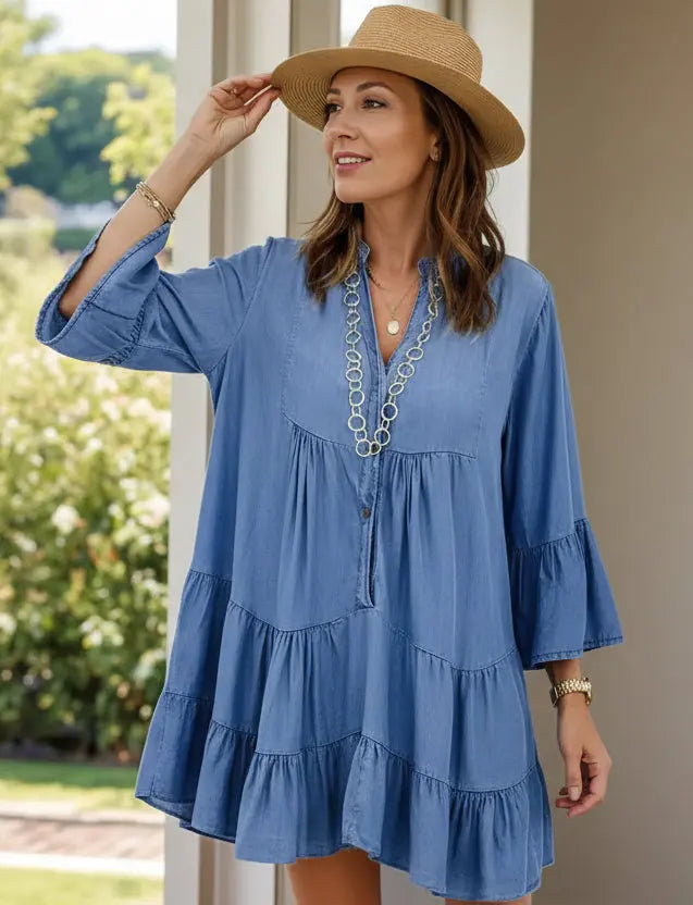 Blue notched flare sleeve denim dress with V-neck and three-quarter sleeves