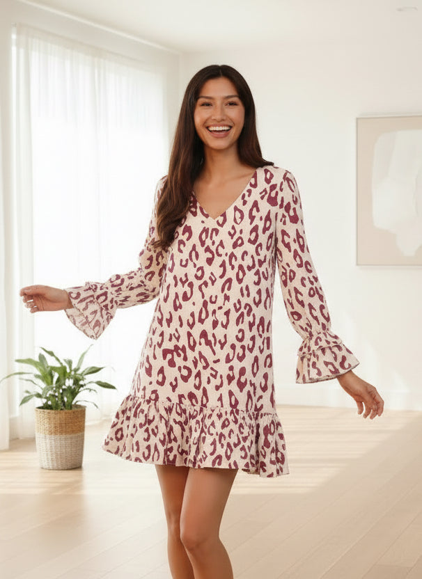 Women’s pink and burgundy leopard print short-sleeved dress with V-neck and ruffle cuffs