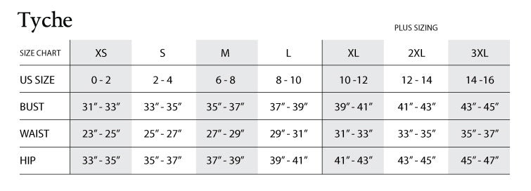 Tyche size chart for Leopard Dress With Ruffle Cuff XS-3XL