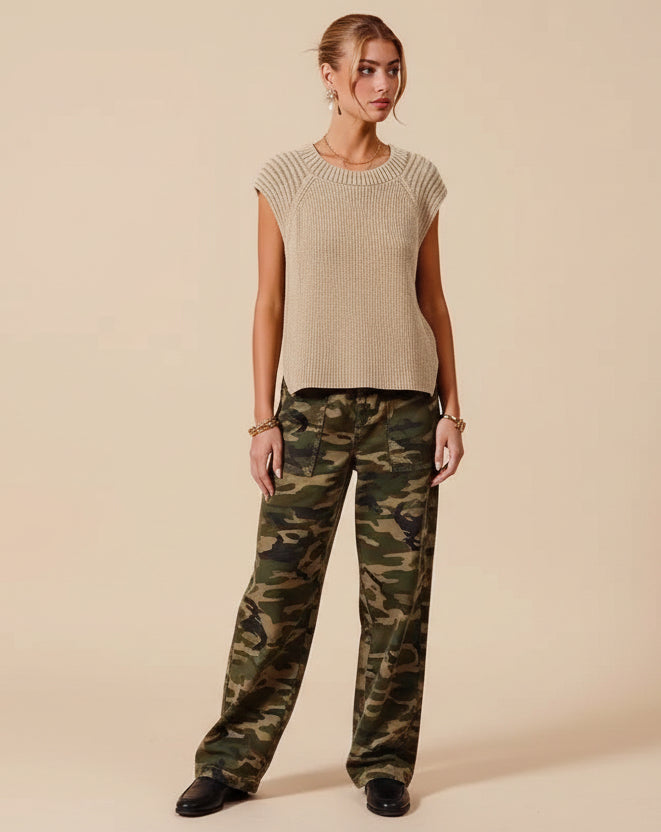 Beige ribbed knit SO ME mineral washed raglan sleeveless top