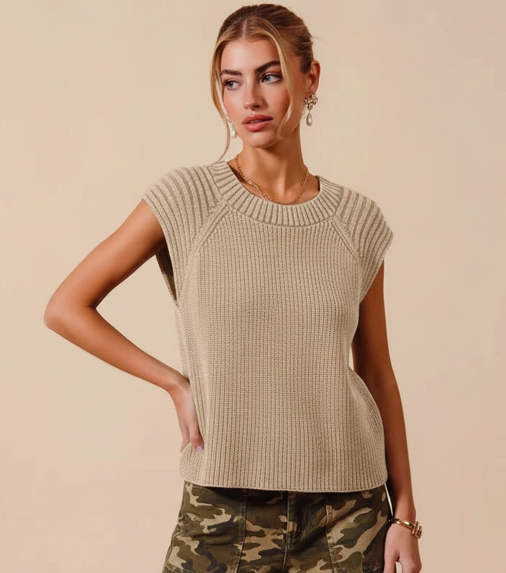 SO ME beige ribbed knit sleeveless raglan sweater top
