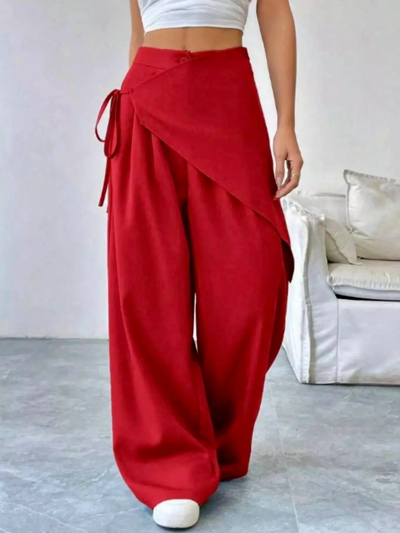 Red Daverri wrap-front wide-leg pants with side tie detail