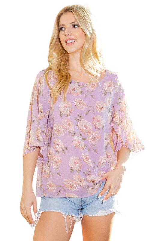 Swiss Dot Floral Print Split Sleeve Blouse Shirts & Tops