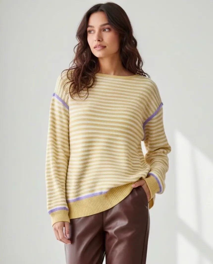 Daverri Striped Round Neck Long Sleeve Sweater