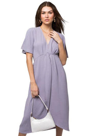 Solid V-Neck Midi Dress With Front Knot Lavender Midi Dresses