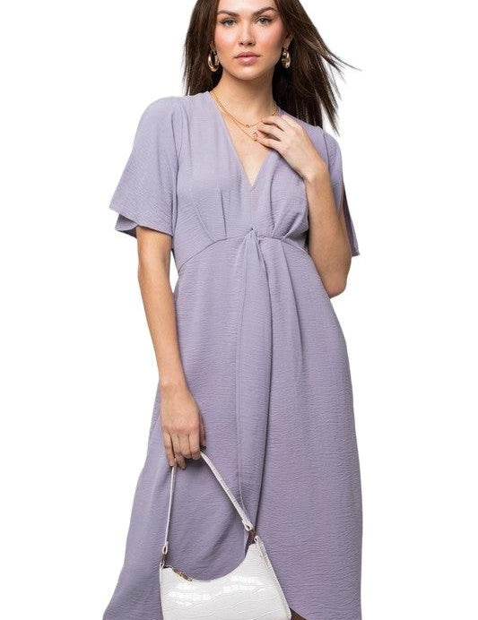 Solid V-Neck Midi Dress With Front Knot Lavender Midi Dresses