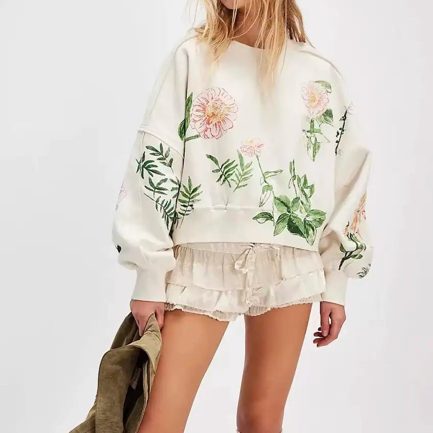 Printed Round Neck Dropped Shoulder Sweatshirt | Sweatshirts Daverri Fashions