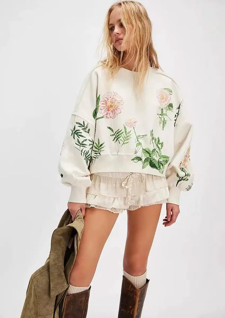 Printed Round Neck Dropped Shoulder Sweatshirt | Sweatshirts Daverri Fashions