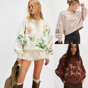 Printed Round Neck Dropped Shoulder Sweatshirt | Sweatshirts Daverri Fashions