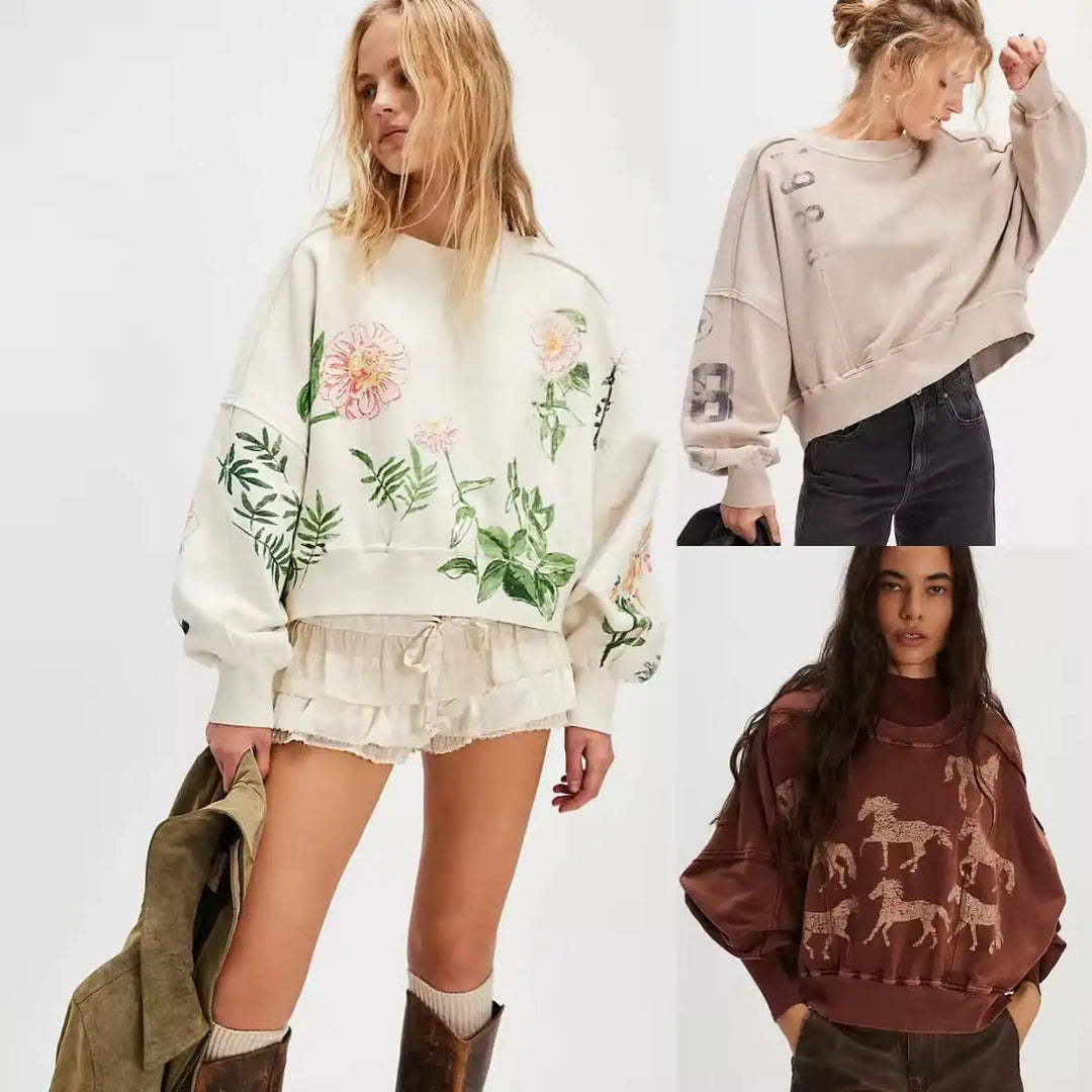 Printed Round Neck Dropped Shoulder Sweatshirt | Sweatshirts Daverri Fashions