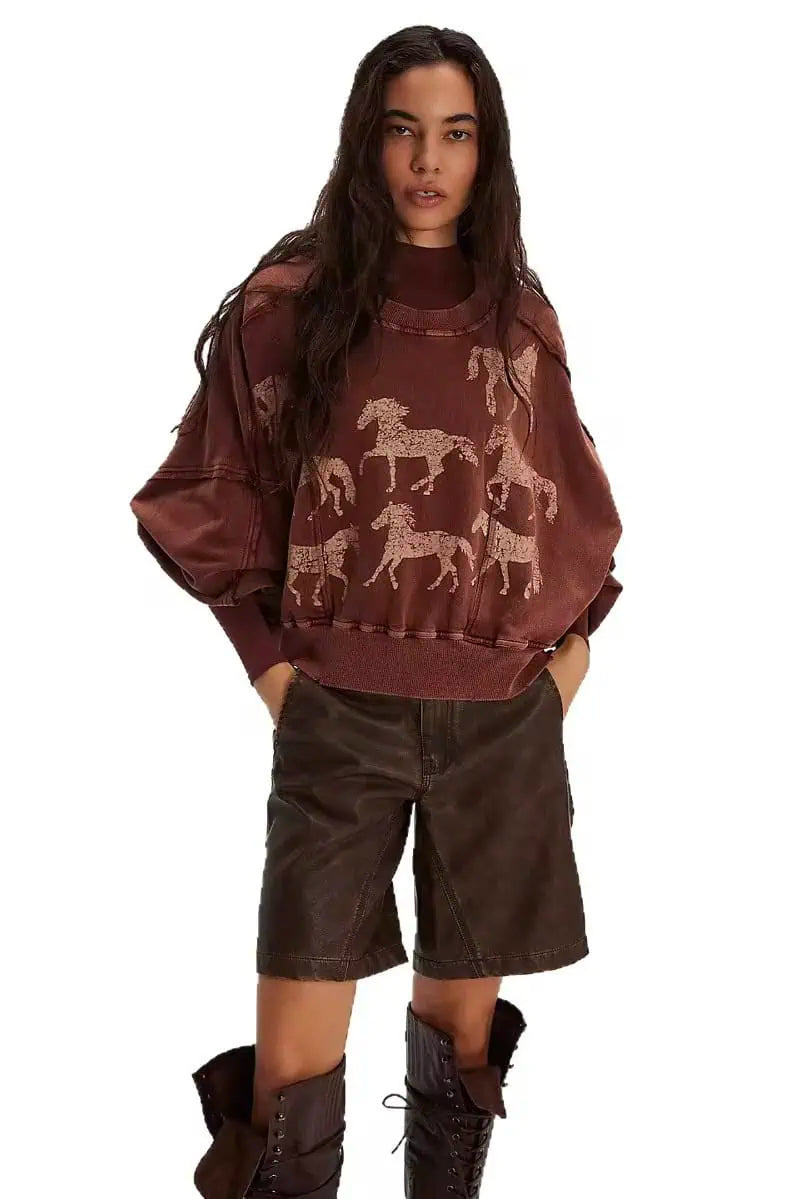 Printed Round Neck Dropped Shoulder Sweatshirt | Sweatshirts Daverri Fashions