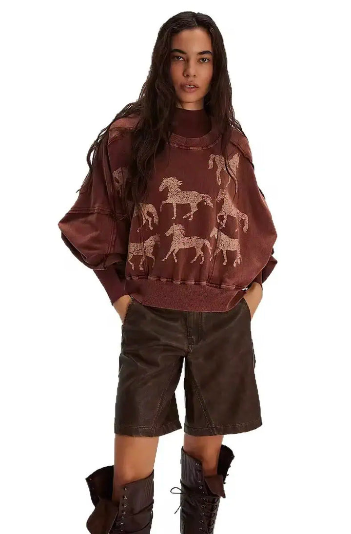 Printed Round Neck Dropped Shoulder Sweatshirt | Sweatshirts Daverri Fashions