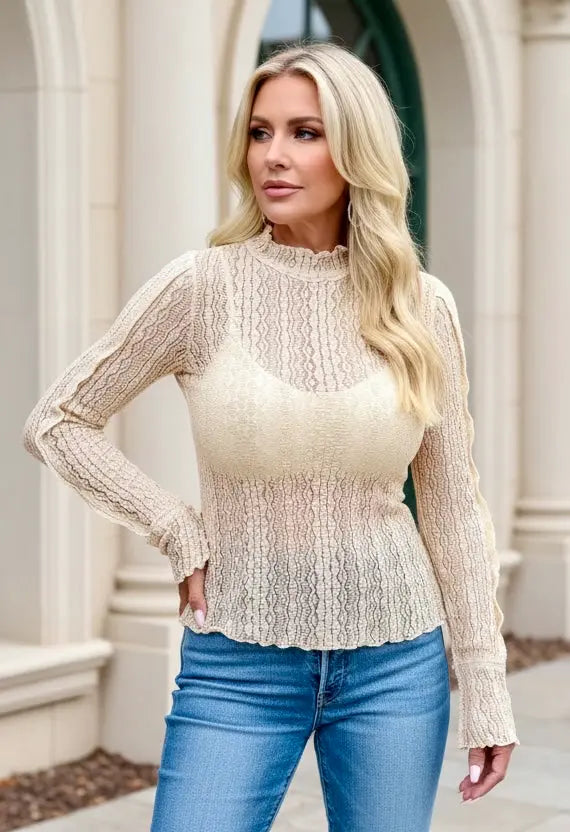 Daverri Lace Ruffle Trim Long Sleeve Blouse