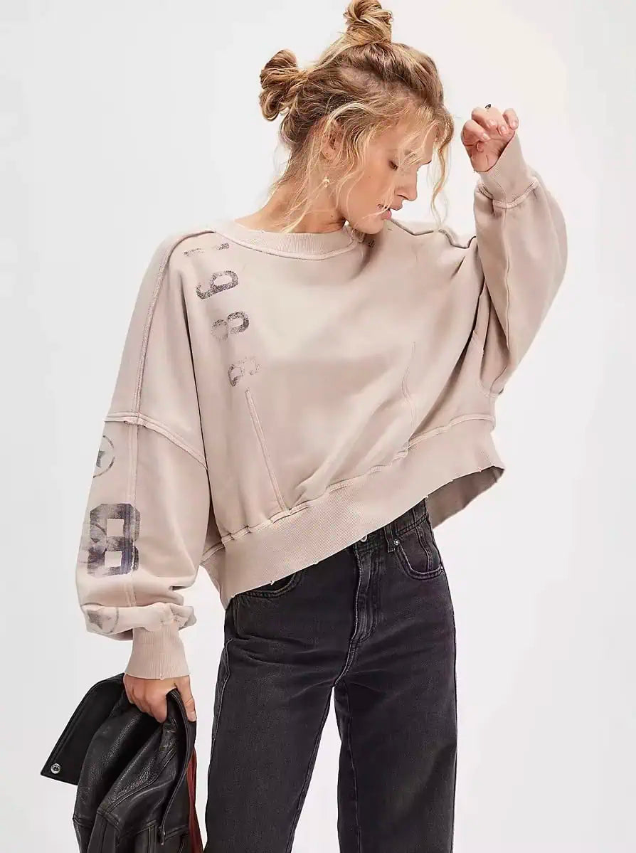 Printed Round Neck Dropped Shoulder Sweatshirt | Sweatshirts Daverri Fashions