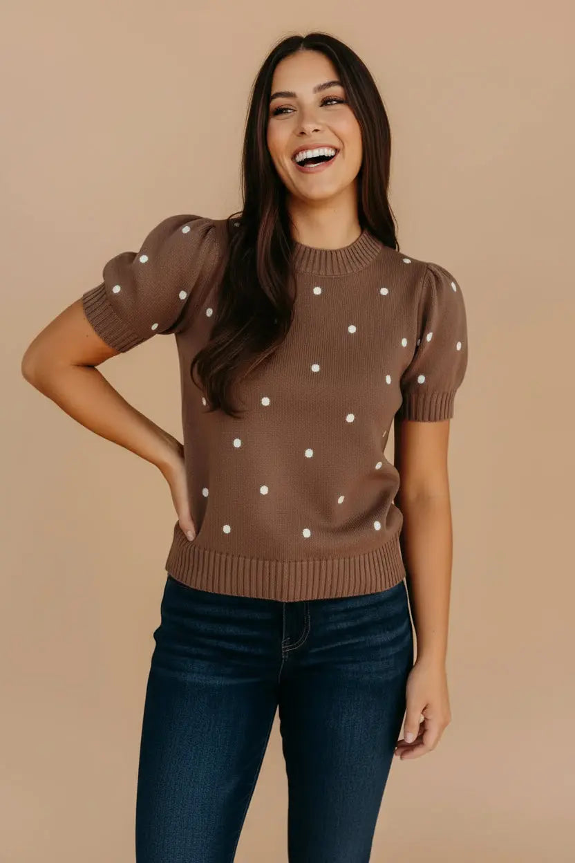 Daverri Ribbed Polka Dot Round Neck Knit Top