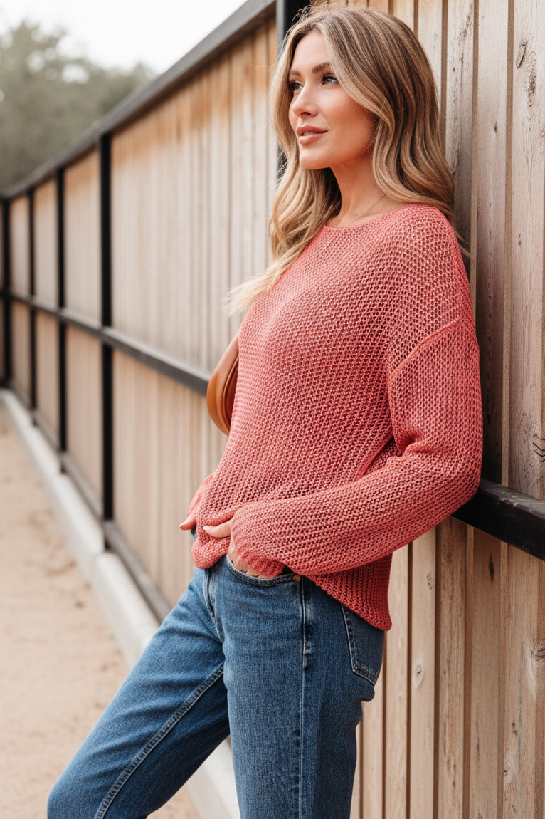 Daverri Crochet Hollow Out Long Sleeve Knit Top