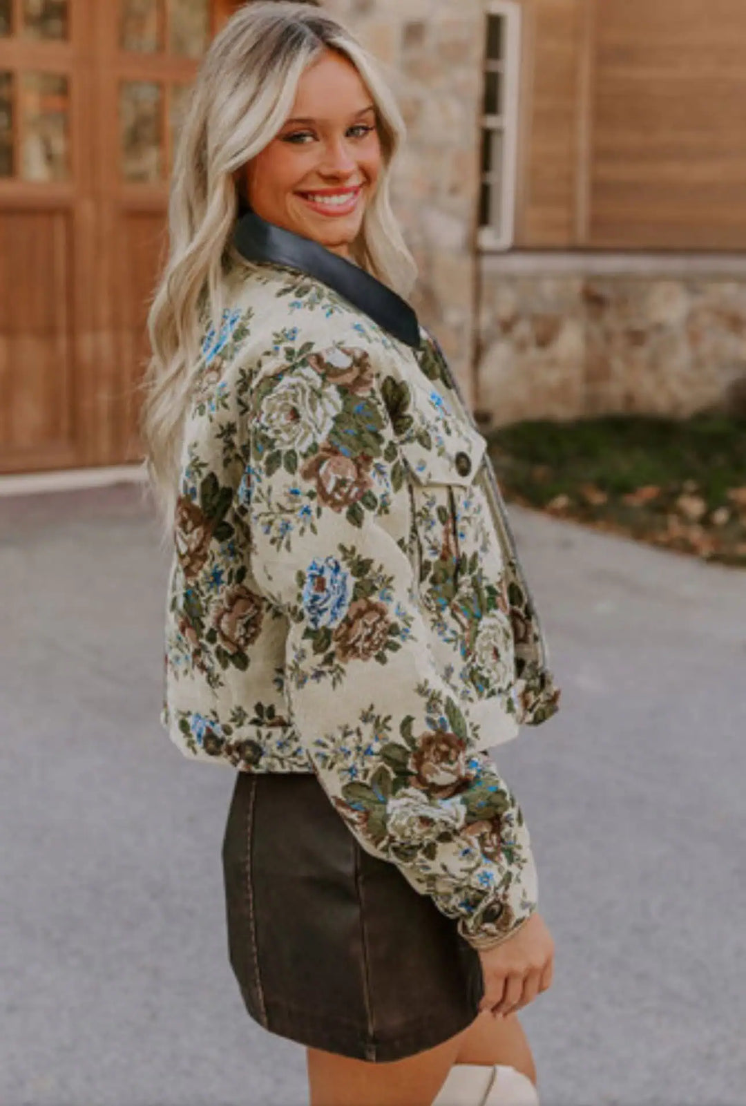 Vintage Floral Print Zip Up Contrast Collared Jacket | Jackets Daverri Fashions