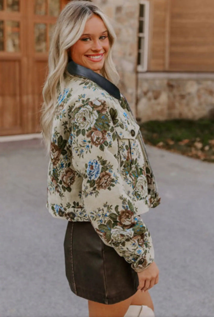 Vintage Floral Print Zip Up Contrast Collared Jacket | Jackets Daverri Fashions