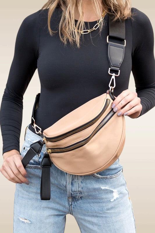 Double Zip Nylon Crescent Crossbody Bag Almond OneSize Handbags