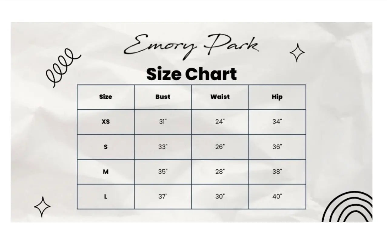 Emory Park size chart for Bias Abstract Belted Maxi Skirt on gray background