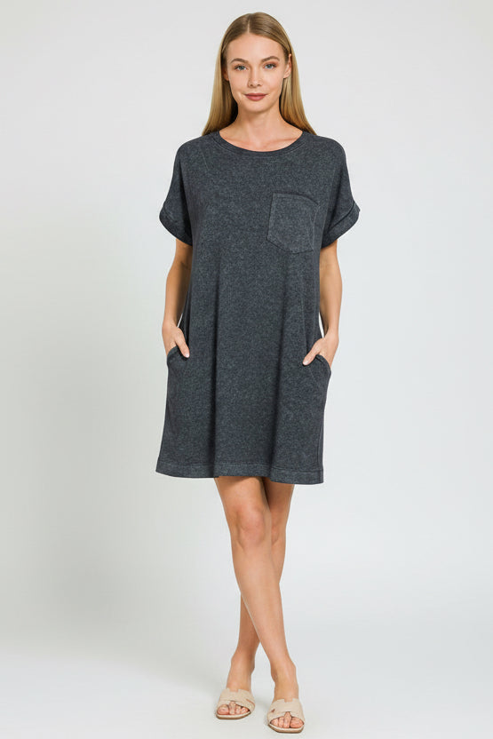 Zenana Premium Cotton Washed T-Shirt Dress in dark gray heathered fabric with short sleeves and front pockets