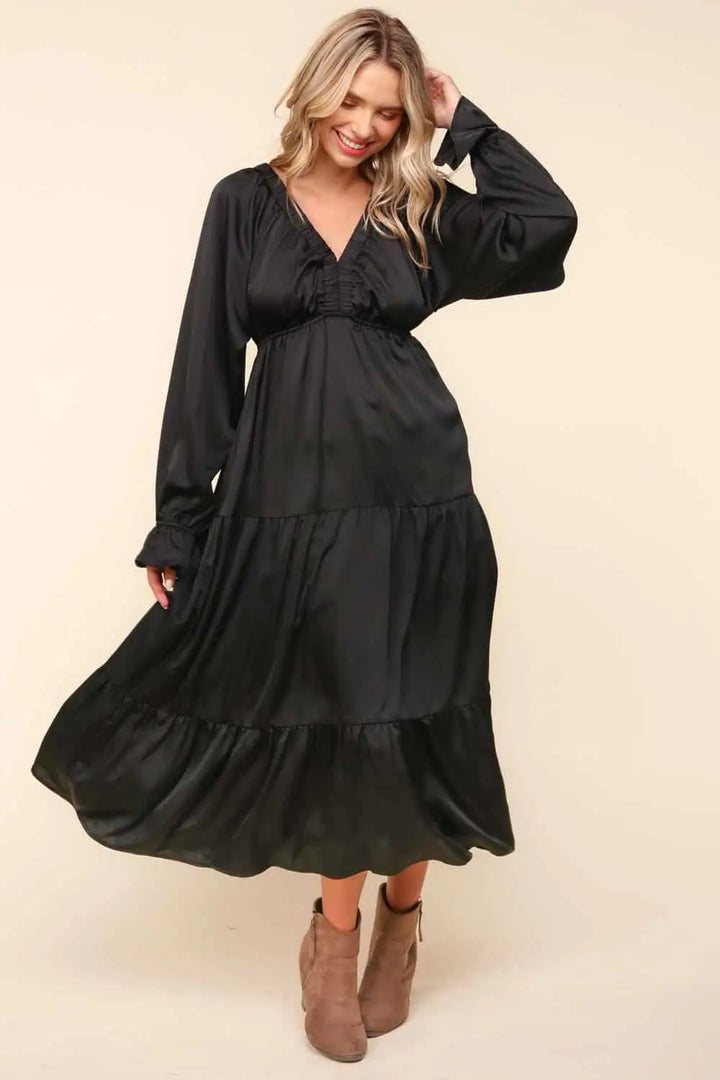 Haptics Flounce Sleeve Tiered Midi Dress with Pockets Midi Dresses