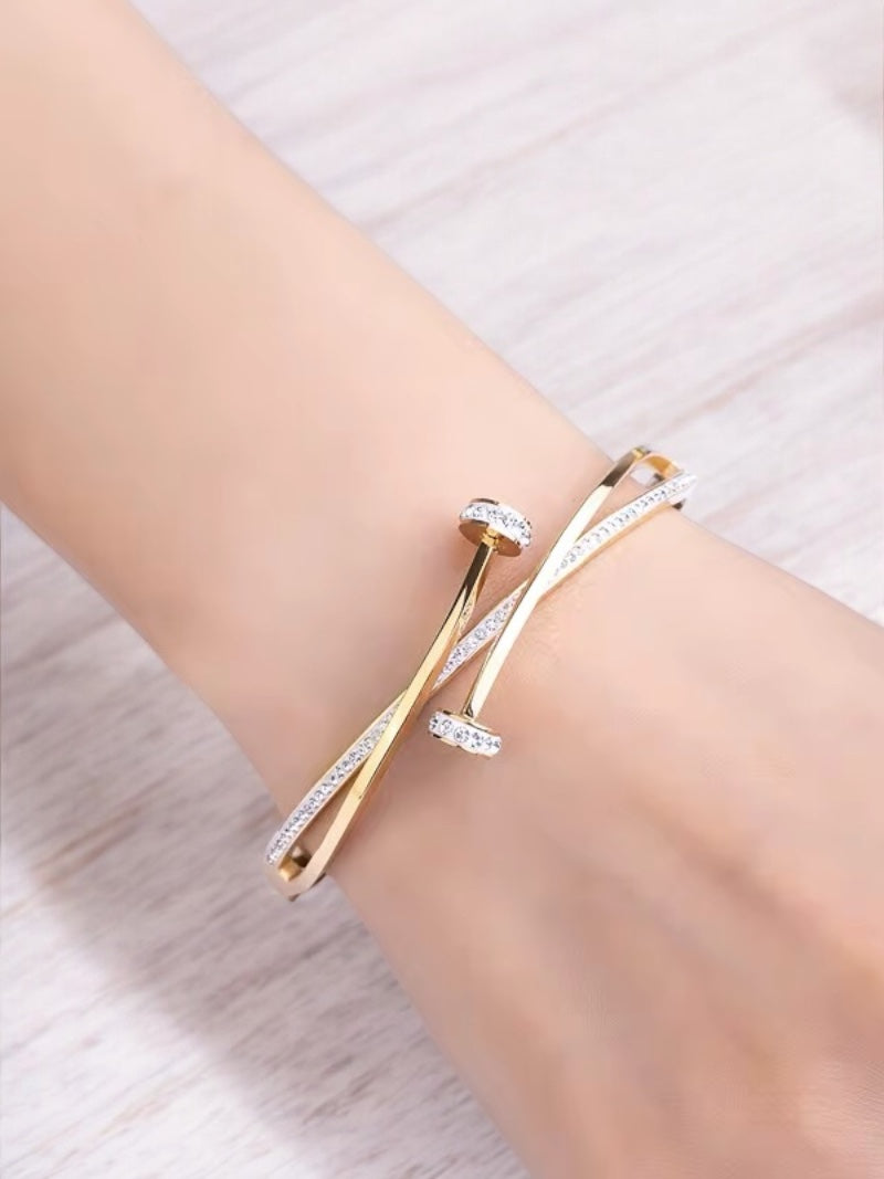 Crystal Pave Nail Stainless Steel Bangle Bracelets