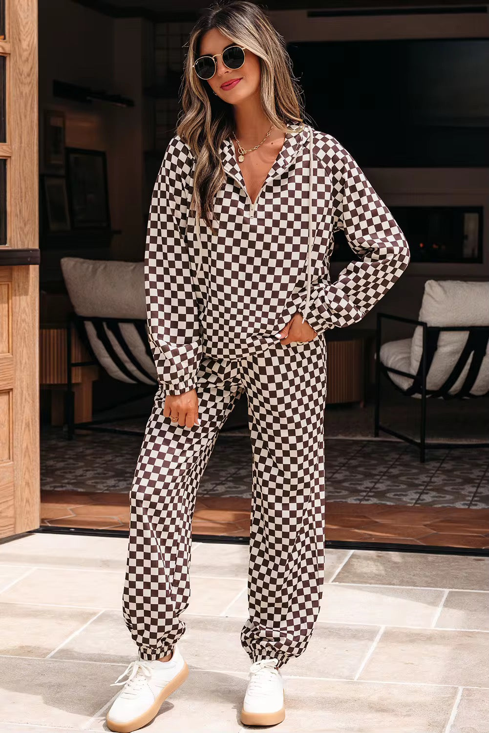 Checkered Drawstring Hoodie and Pants Set | Loungewear Sets Daverri Fashions