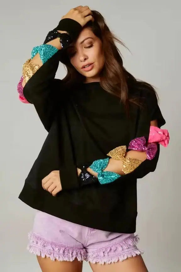 Sequin Bow Cutout Round Neck Sweatshirt | Sweatshirts Daverri Fashions