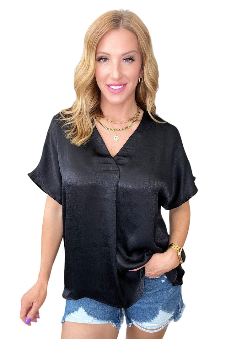 Plus Pleat Front V-Neck Top in Black Shirts & Tops