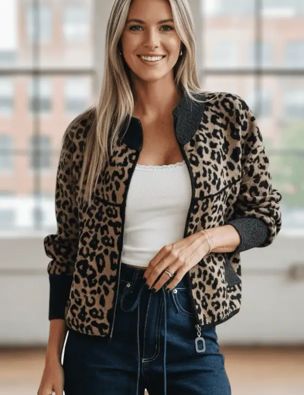 Leopard Zip Up Long Sleeve Jacket | Jackets Daverri Fashions