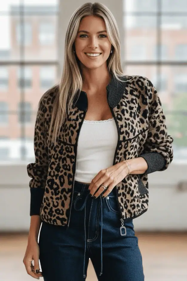Leopard Zip Up Long Sleeve Jacket | Jackets Daverri Fashions