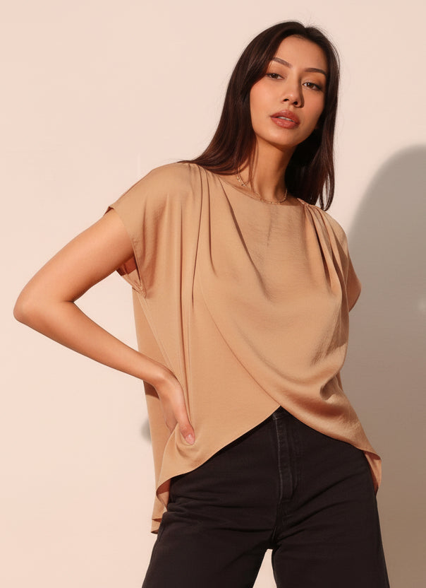 Washed Tan Poly Silk Tulip Tunic Top